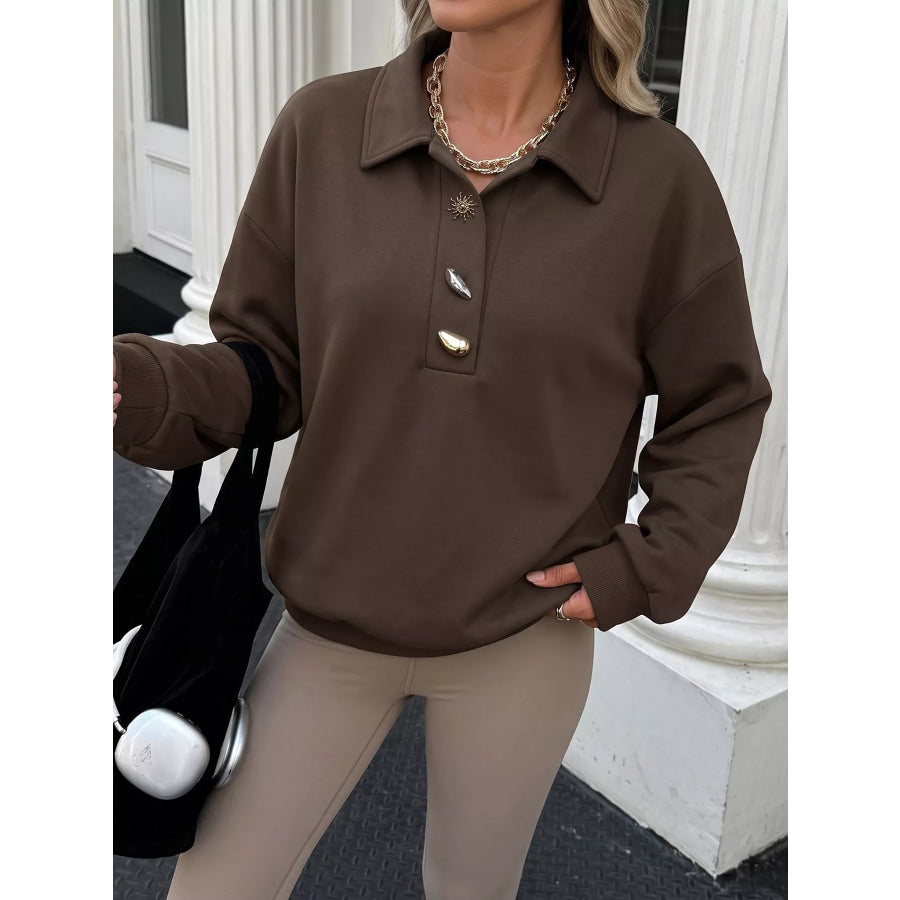 Polo Collar Dropped Shoulder Sweatshirt Coffee Brown / S Apparel and Accessories