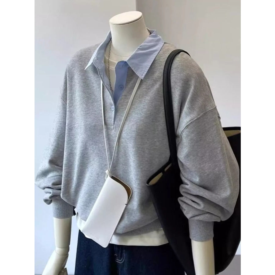 Polo-Collar Layered-Look Sweatshirt Gray / M Apparel and Accessories