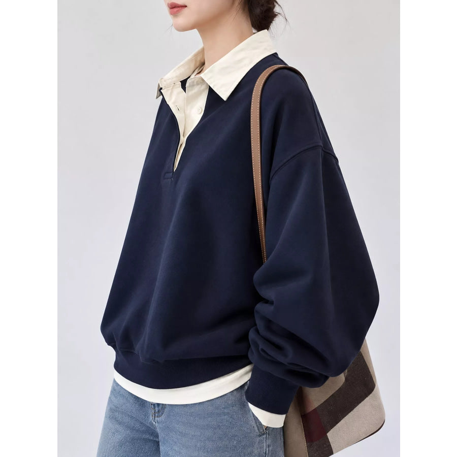Polo-Collar Layered-Look Sweatshirt Navy / M Apparel and Accessories
