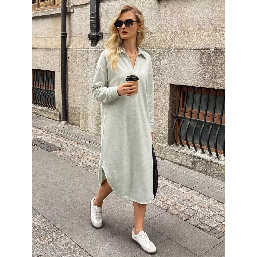 Polo Collar Long Sleeve Midi Dress Apparel and Accessories