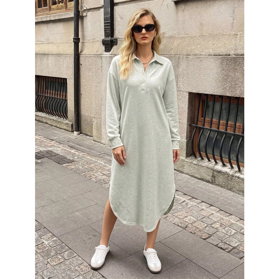Polo Collar Long Sleeve Midi Dress Apparel and Accessories