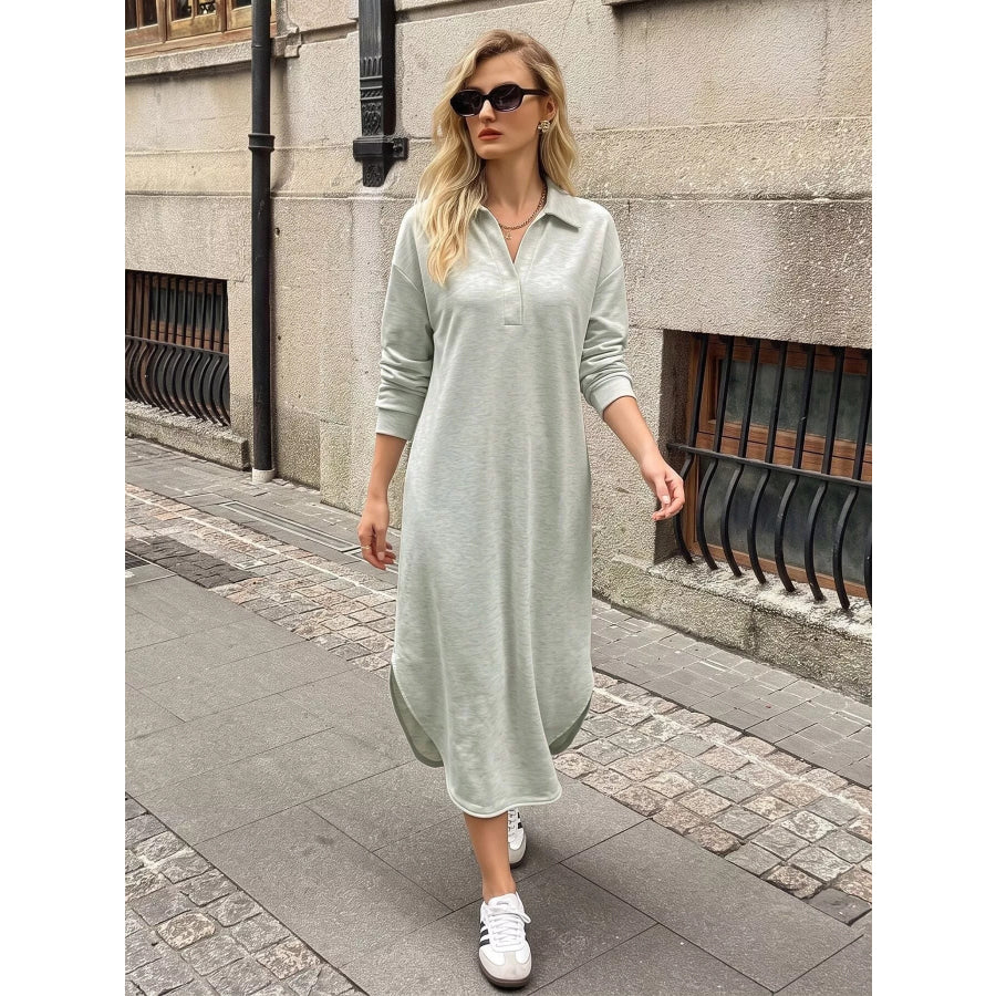 Polo Collar Long Sleeve Midi Dress Apparel and Accessories