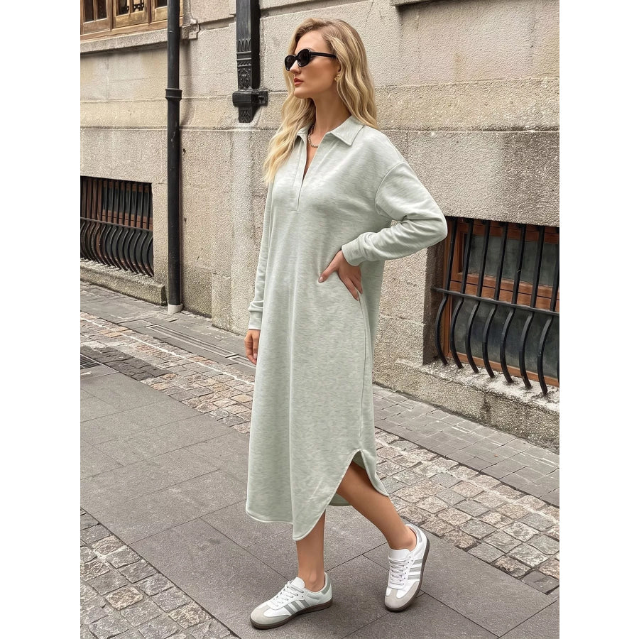 Polo Collar Long Sleeve Midi Dress Apparel and Accessories