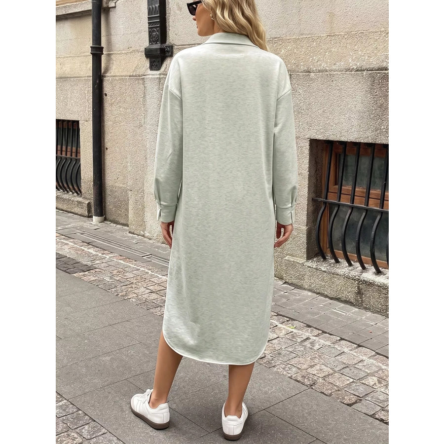 Polo Collar Long Sleeve Midi Dress Apparel and Accessories