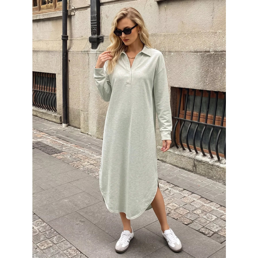 Polo Collar Long Sleeve Midi Dress Light Gray / S Apparel and Accessories
