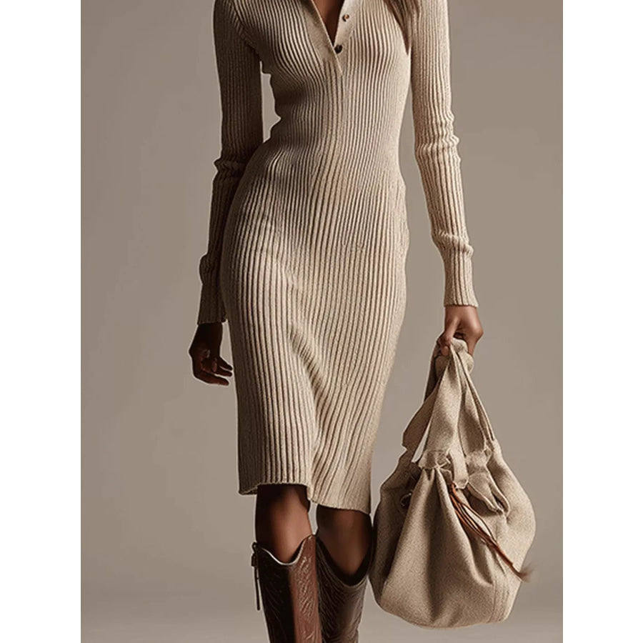 Polo Collar Ribbed Knit Dress Apparel and Accessories