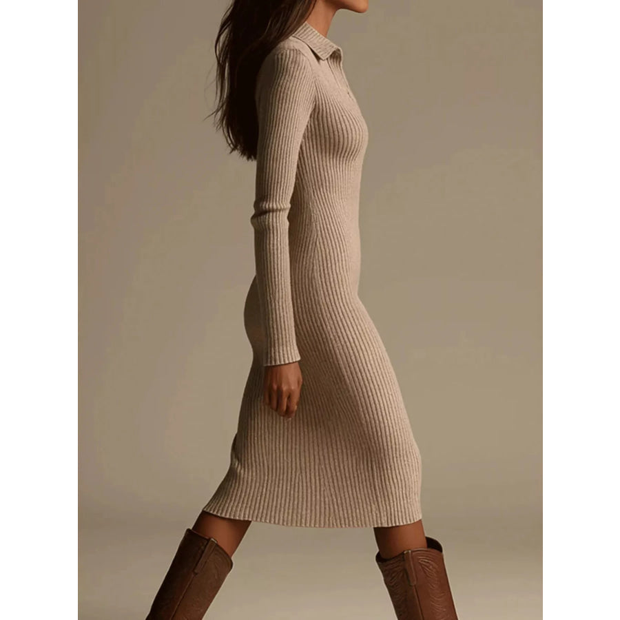 Polo Collar Ribbed Knit Dress Apparel and Accessories