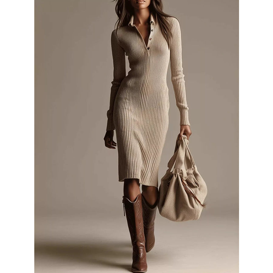 Polo Collar Ribbed Knit Dress Khaki / XS Apparel and Accessories