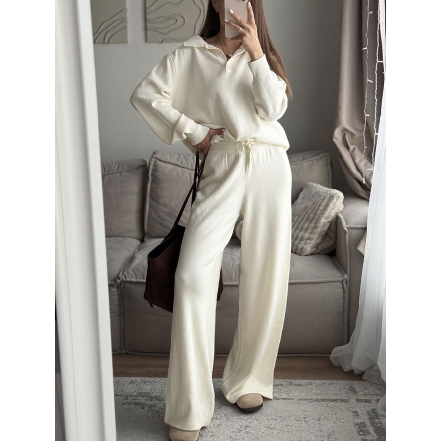 Polo Collar Top and Pants or Skirt Knit Set Apparel and Accessories