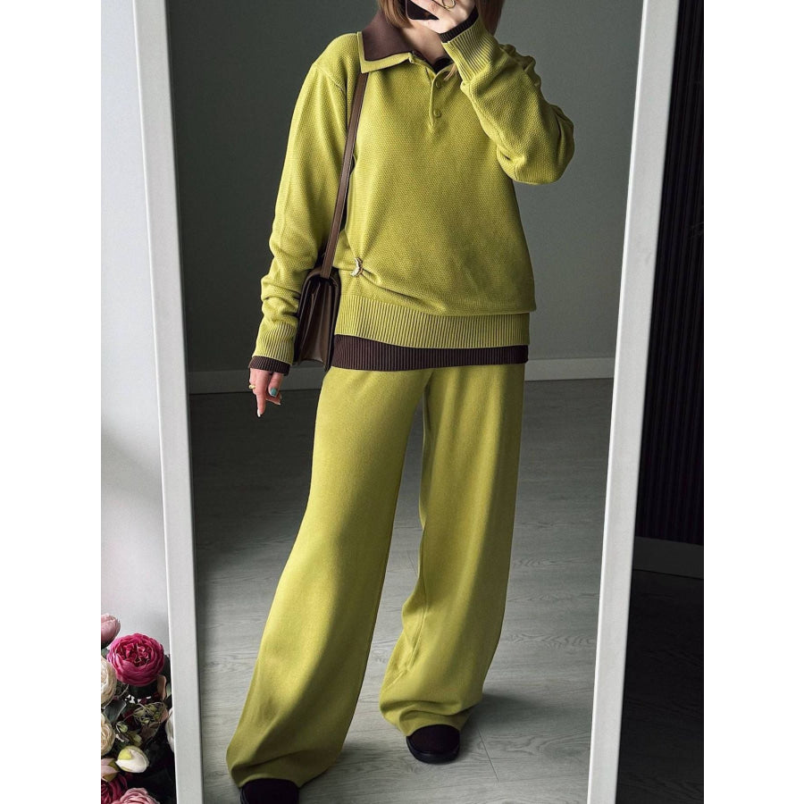 Polo Collar Top and Pants or Skirt Knit Set Apparel and Accessories