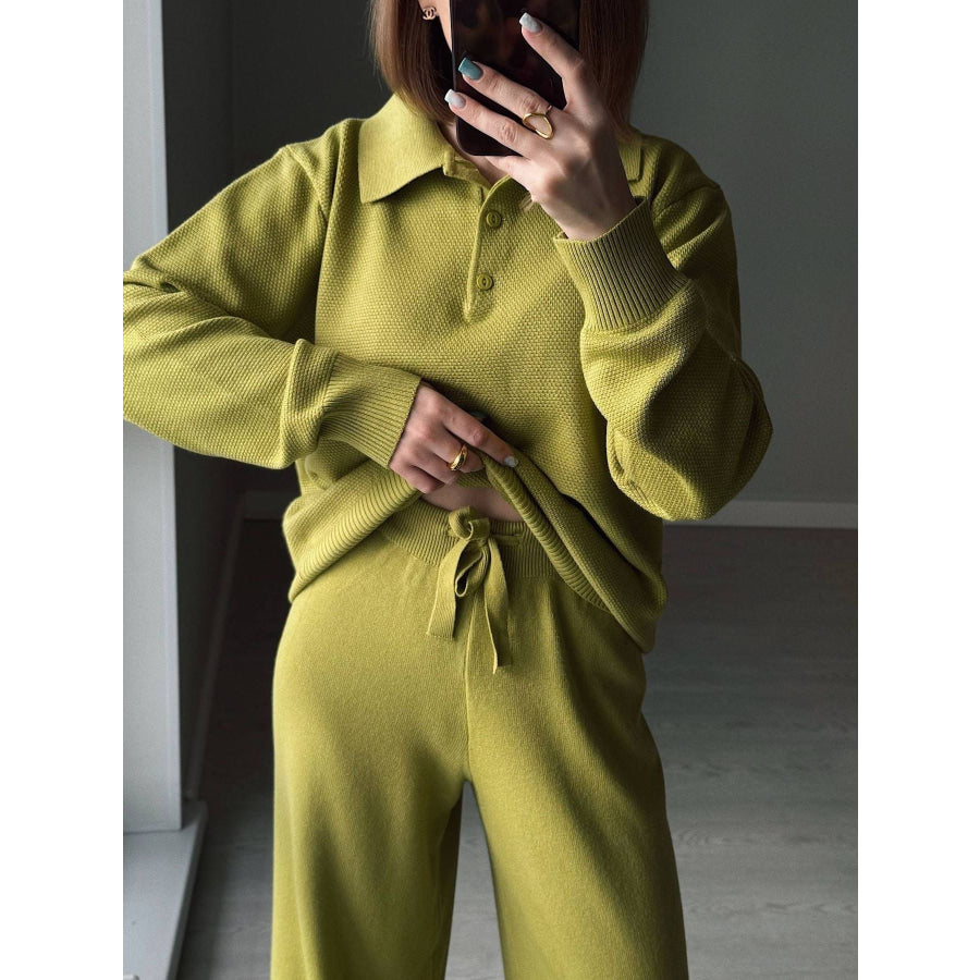 Polo Collar Top and Pants or Skirt Knit Set Apparel and Accessories