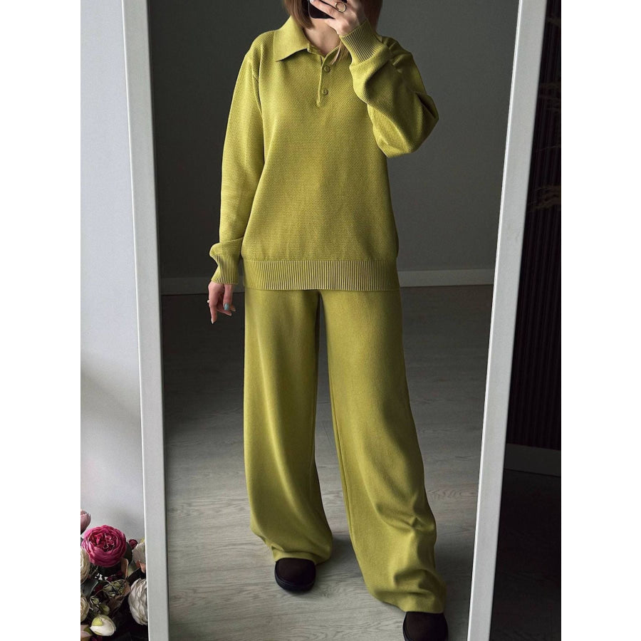 Polo Collar Top and Pants or Skirt Knit Set Apparel and Accessories