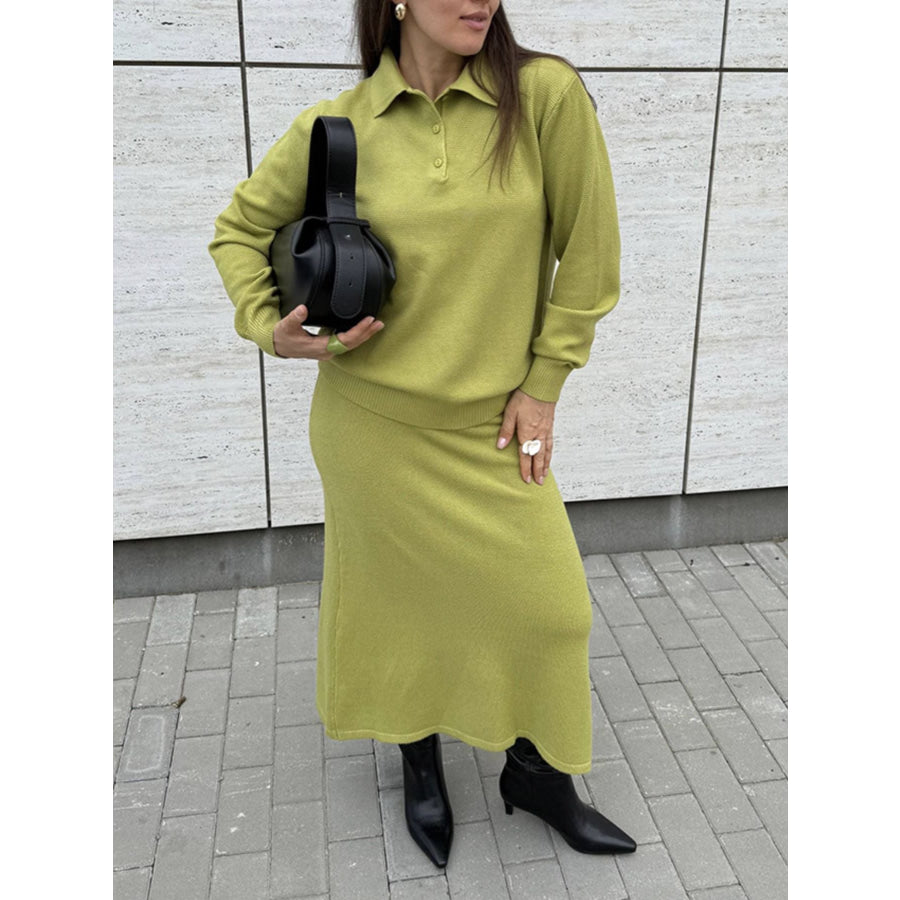 Polo Collar Top and Pants or Skirt Knit Set Apparel and Accessories
