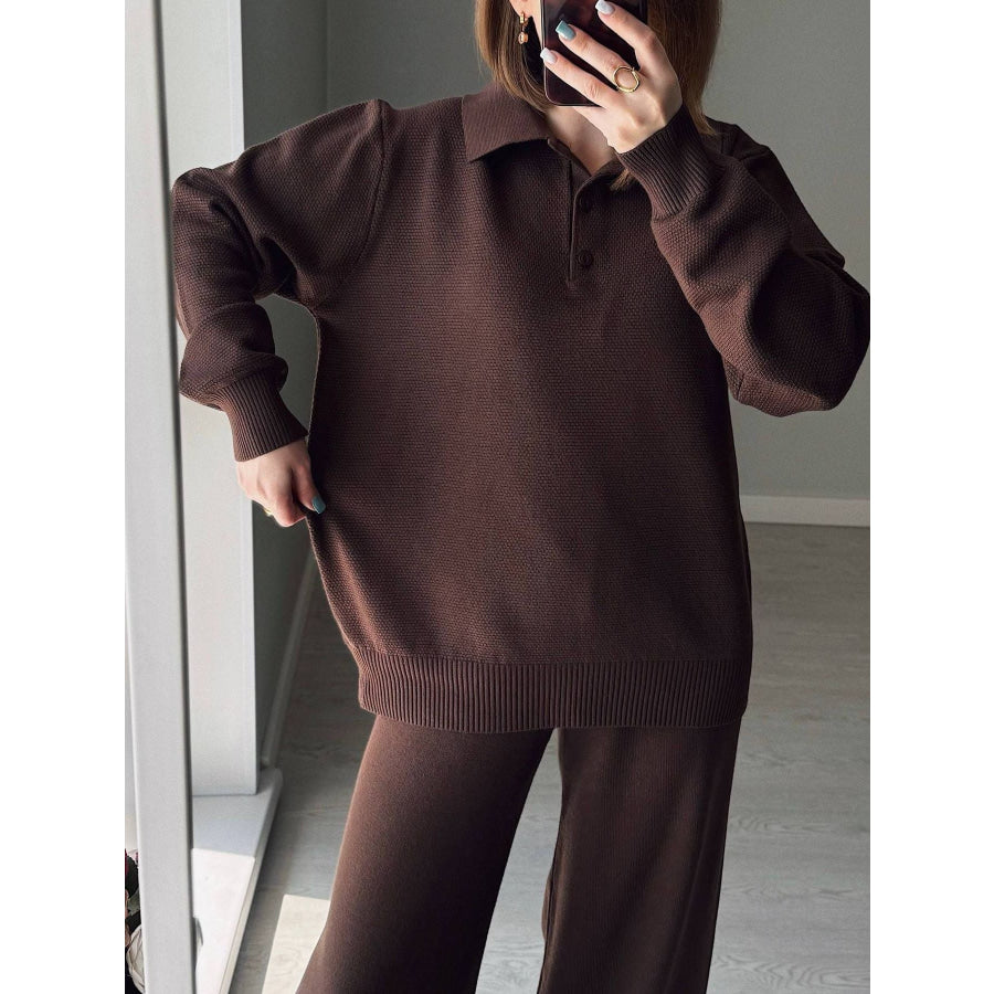 Polo Collar Top and Pants or Skirt Knit Set Apparel and Accessories