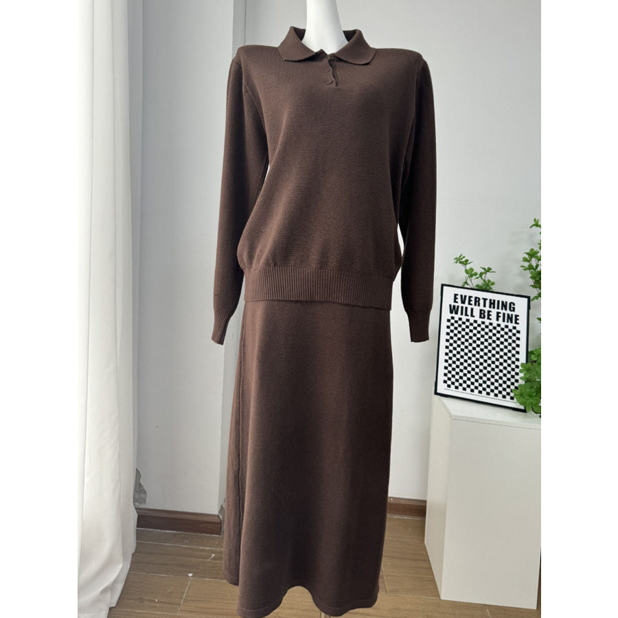 Polo Collar Top and Pants or Skirt Knit Set Brown Skirt Set / S Apparel and Accessories