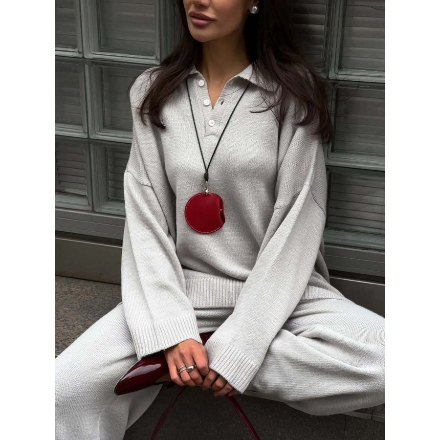 Polo Collar Top and Wide Leg Pants Knit Set Apparel and Accessories