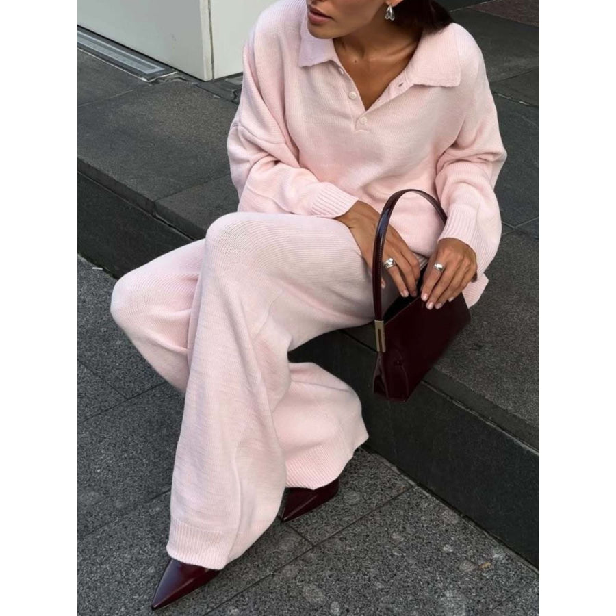 Polo Collar Top and Wide Leg Pants Knit Set Apparel and Accessories