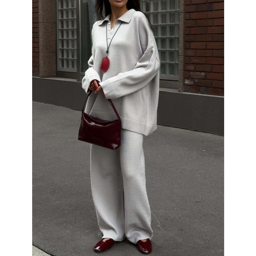 Polo Collar Top and Wide Leg Pants Knit Set Apparel and Accessories