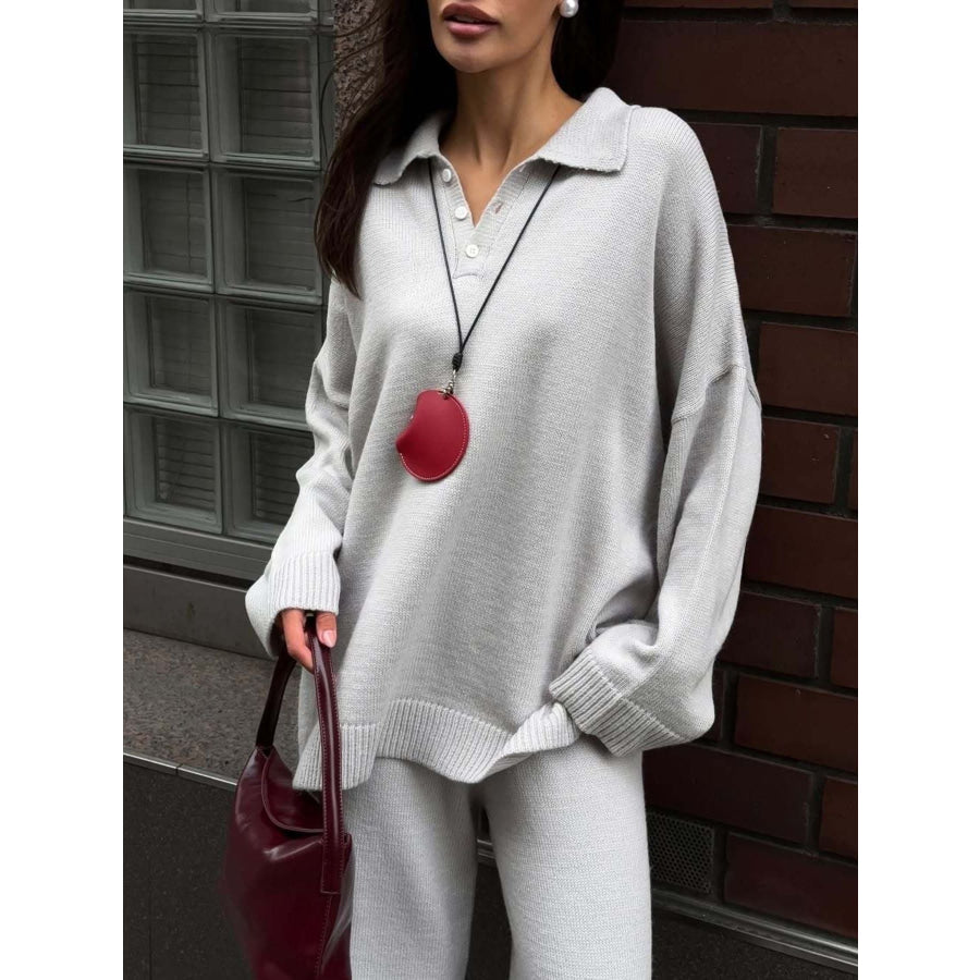 Polo Collar Top and Wide Leg Pants Knit Set Apparel and Accessories