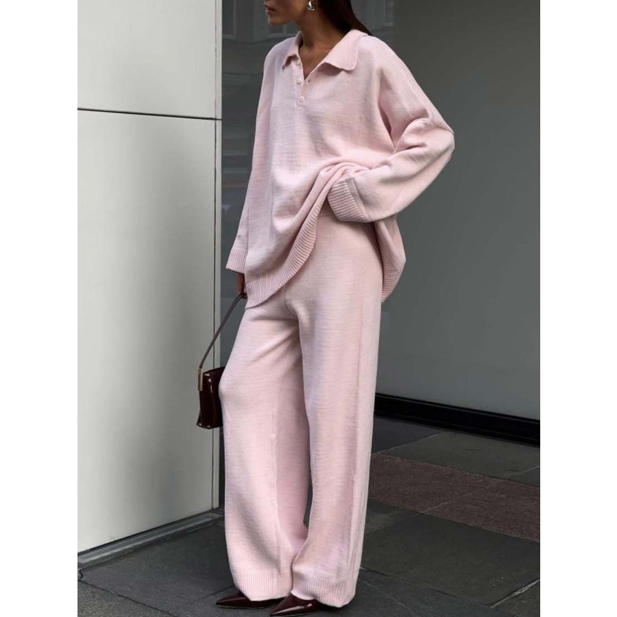 Polo Collar Top and Wide Leg Pants Knit Set Apparel and Accessories