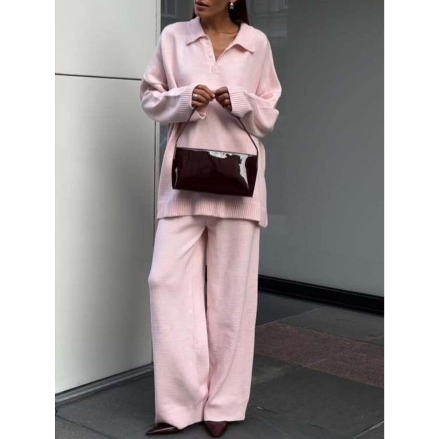 Polo Collar Top and Wide Leg Pants Knit Set Apparel and Accessories