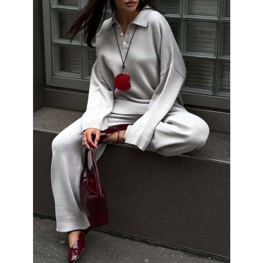 Polo Collar Top and Wide Leg Pants Knit Set Apparel and Accessories