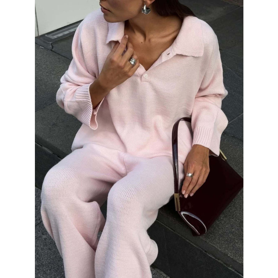 Polo Collar Top and Wide Leg Pants Knit Set Pink / One Size Apparel and Accessories