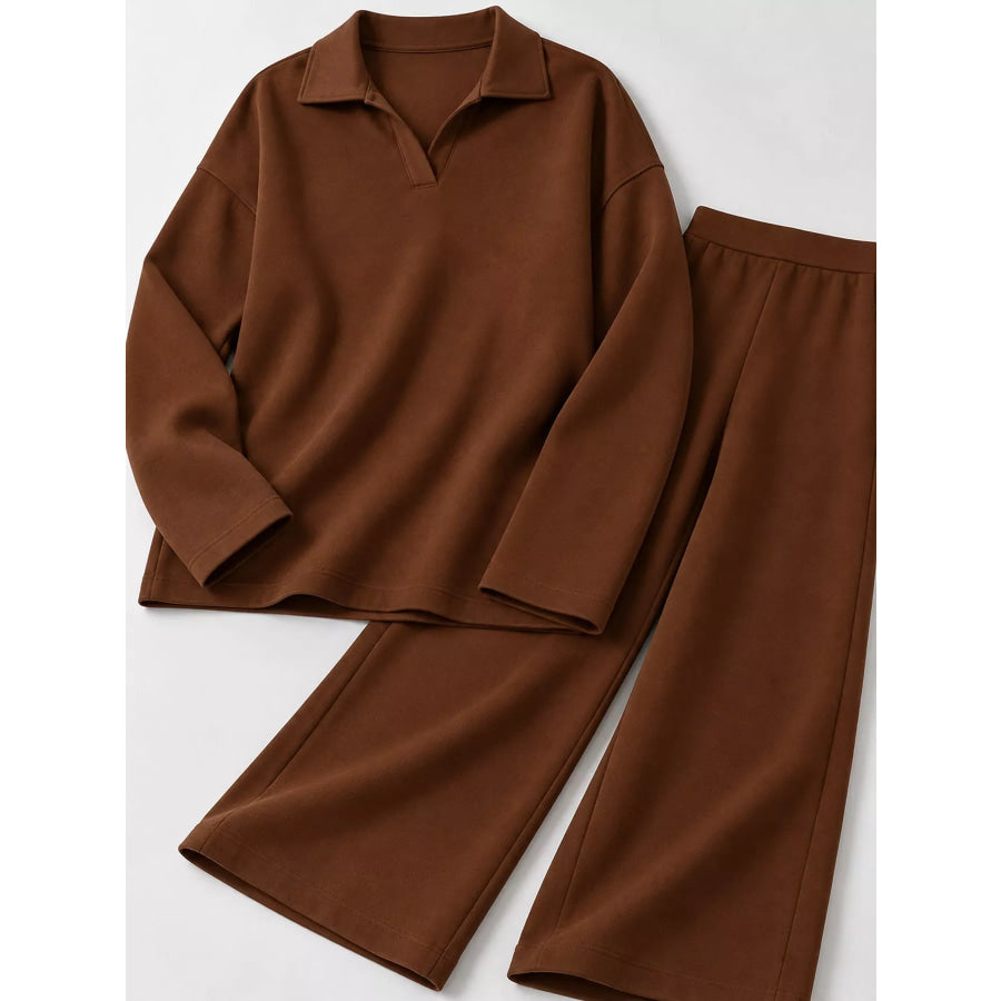 Polo Collar Top and Wide-Leg Pants Set Apparel Accessories