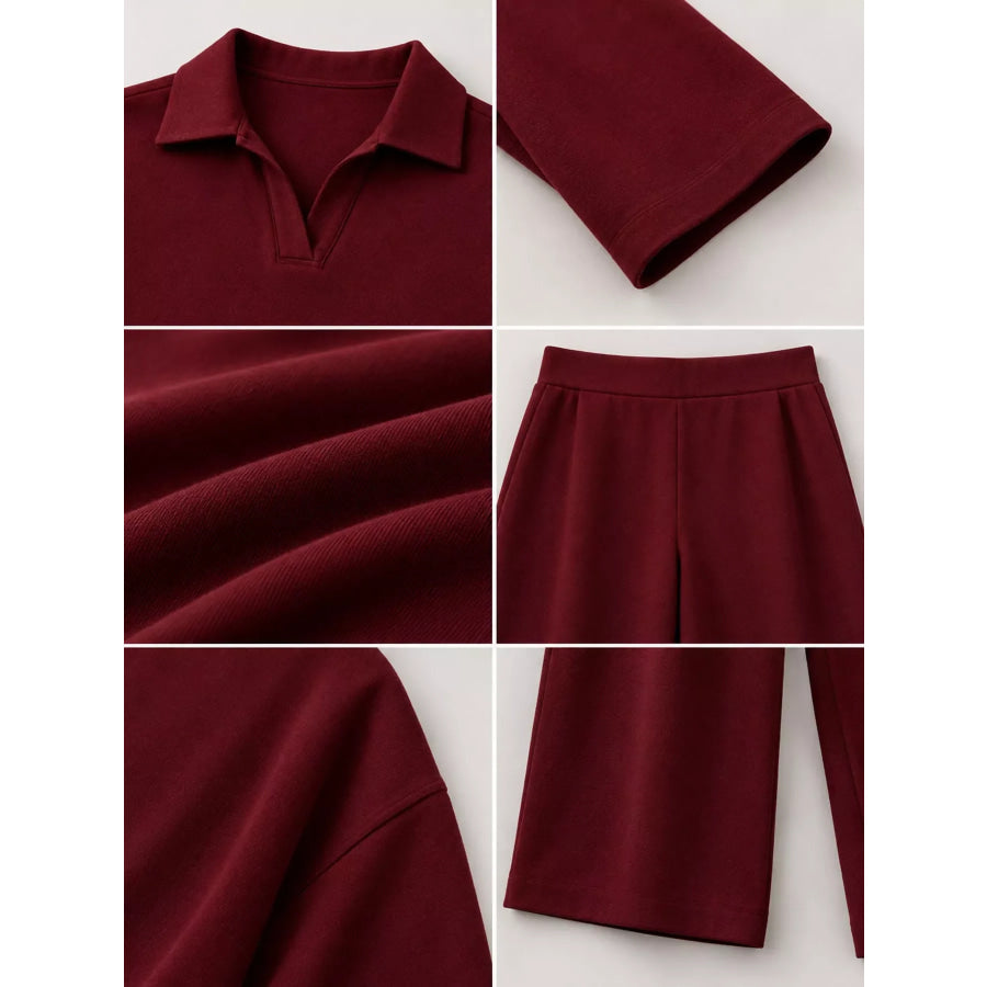 Polo Collar Top and Wide-Leg Pants Set Apparel Accessories