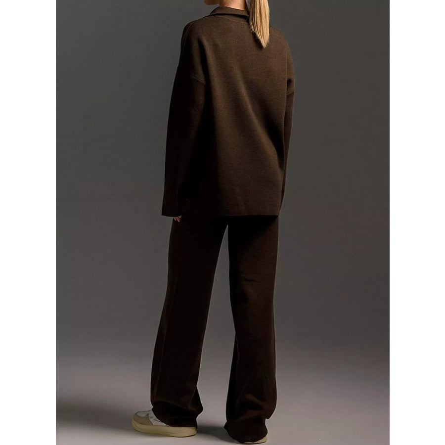 Polo Collar Top and Wide-Leg Pants Set Apparel Accessories