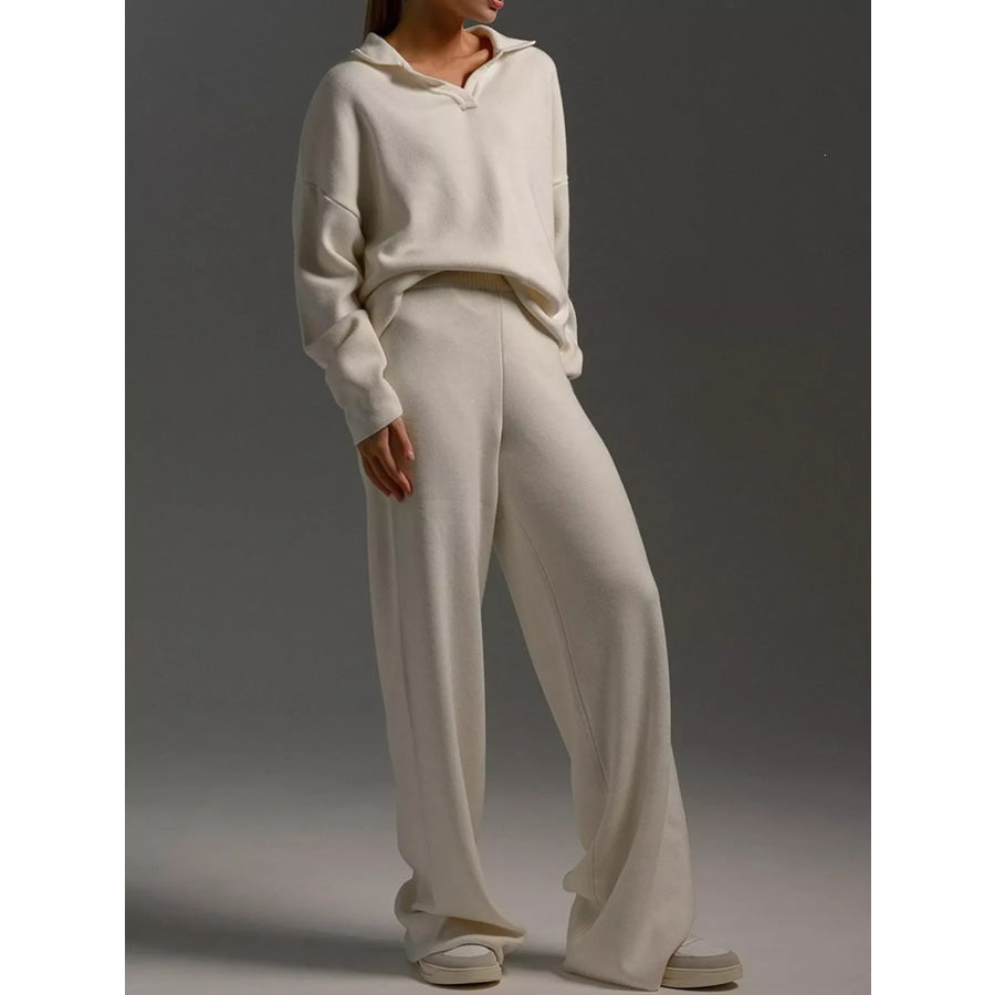 Polo Collar Top and Wide-Leg Pants Set Apparel Accessories