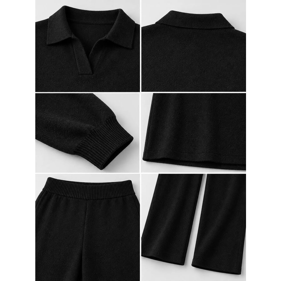 Polo Collar Top and Wide-Leg Pants Set Apparel Accessories