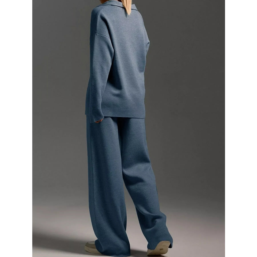 Polo Collar Top and Wide-Leg Pants Set Apparel Accessories