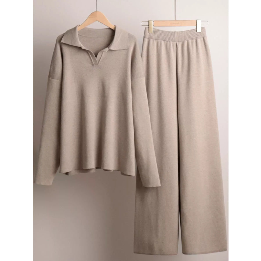 Polo Collar Top and Wide-Leg Pants Set Apparel Accessories