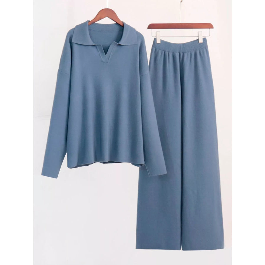Polo Collar Top and Wide-Leg Pants Set Apparel Accessories