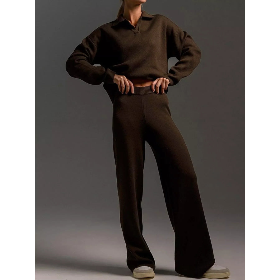 Polo Collar Top and Wide-Leg Pants Set Apparel Accessories