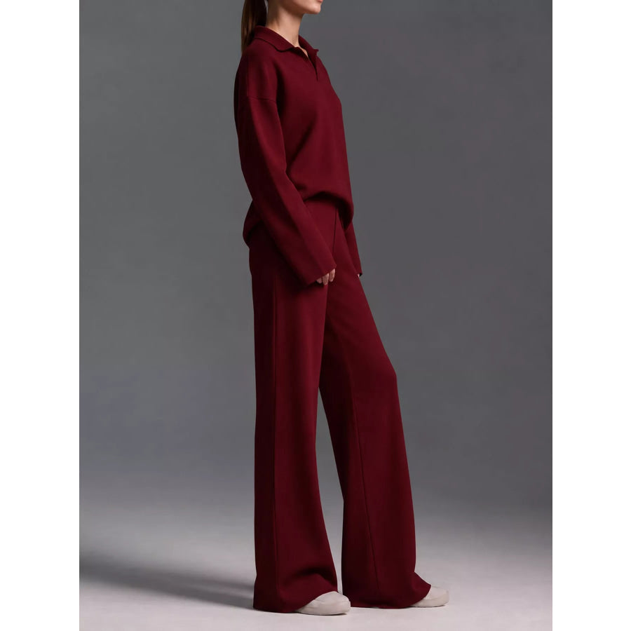 Polo Collar Top and Wide-Leg Pants Set Apparel Accessories