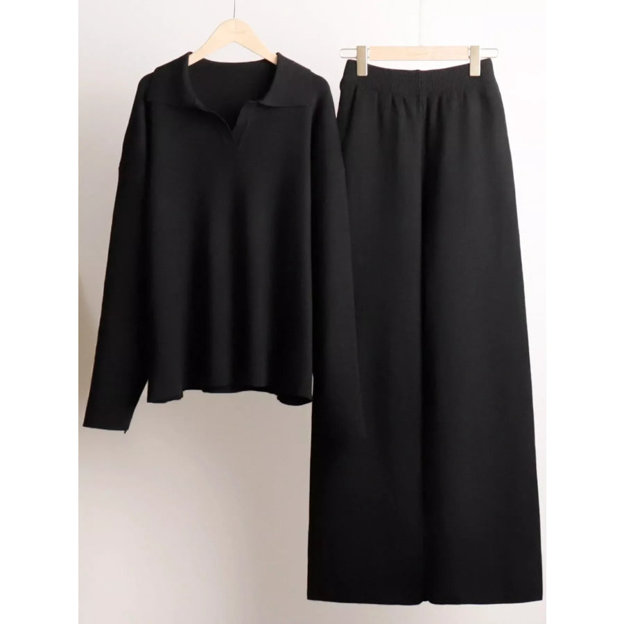 Polo Collar Top and Wide-Leg Pants Set Apparel Accessories