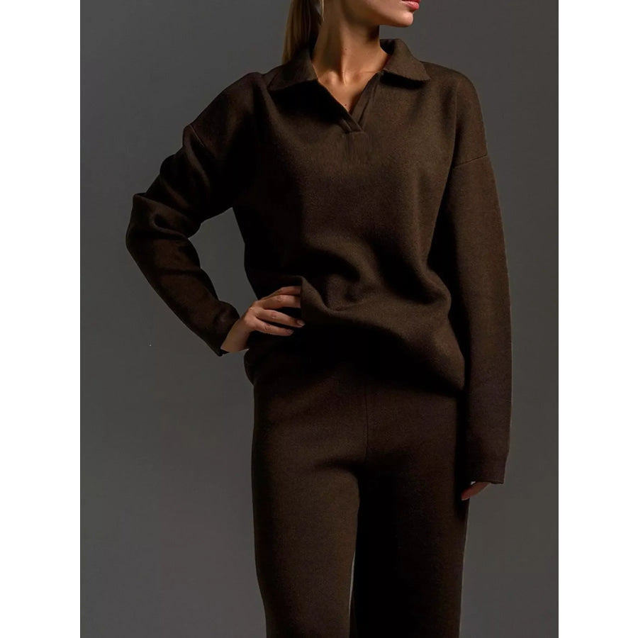 Polo Collar Top and Wide-Leg Pants Set Apparel Accessories