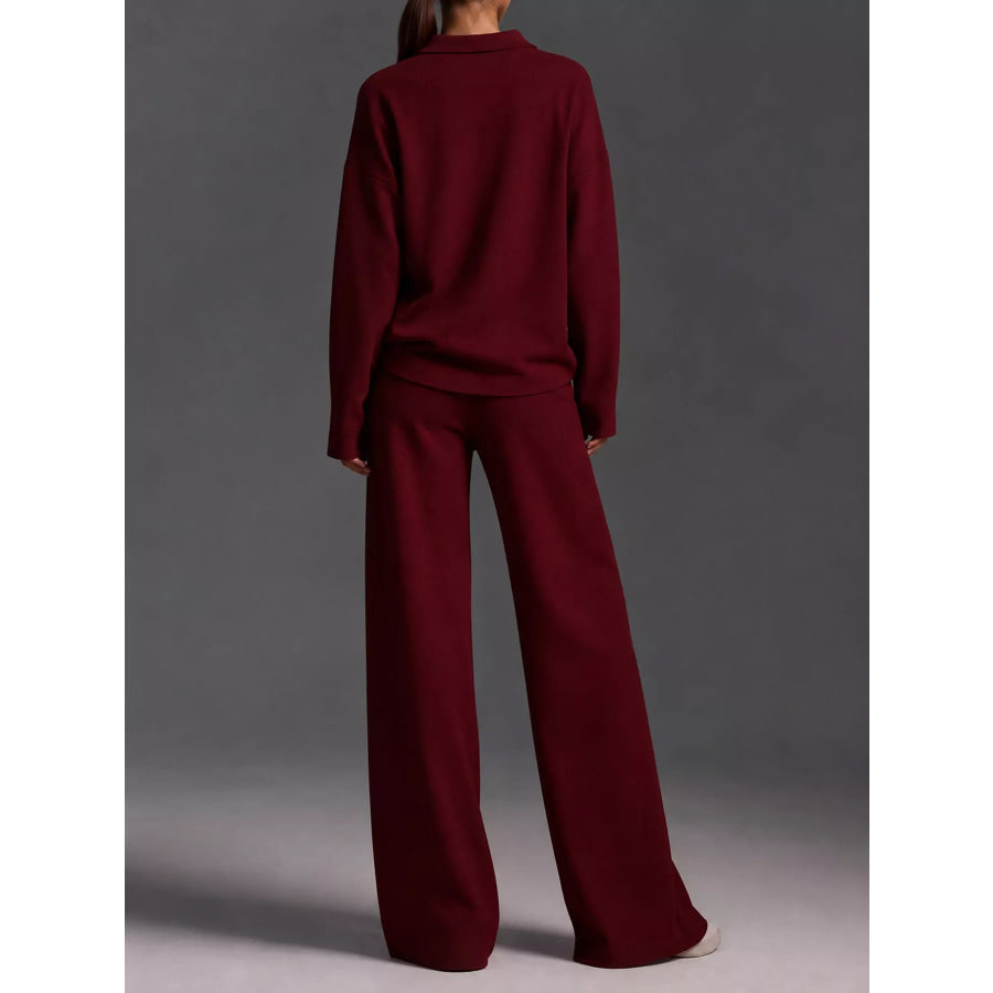 Polo Collar Top and Wide-Leg Pants Set Apparel Accessories