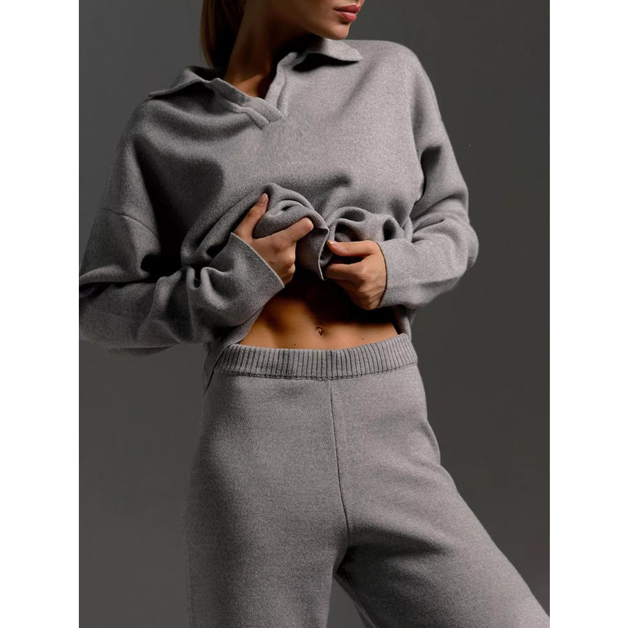 Polo Collar Top and Wide-Leg Pants Set Apparel Accessories