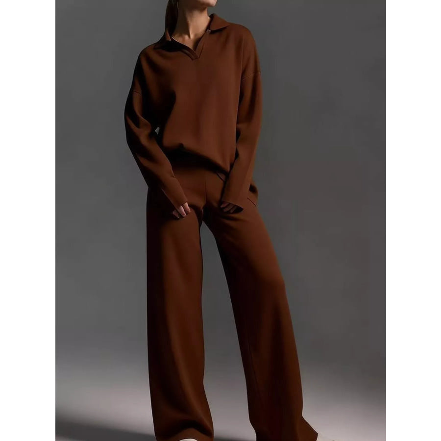 Polo Collar Top and Wide-Leg Pants Set Apparel Accessories