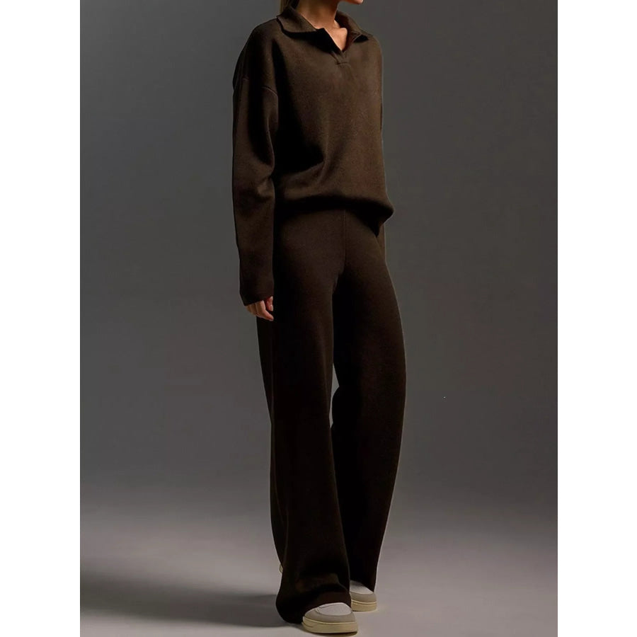 Polo Collar Top and Wide-Leg Pants Set Apparel Accessories