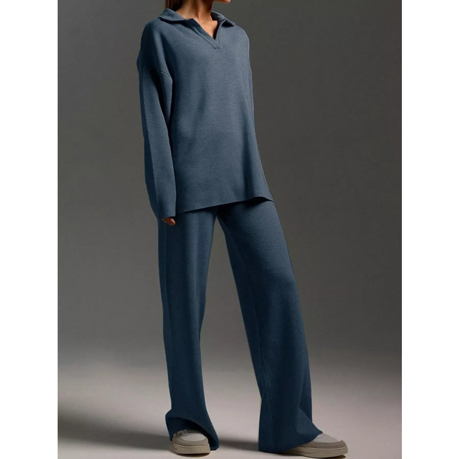 Polo Collar Top and Wide-Leg Pants Set Apparel Accessories