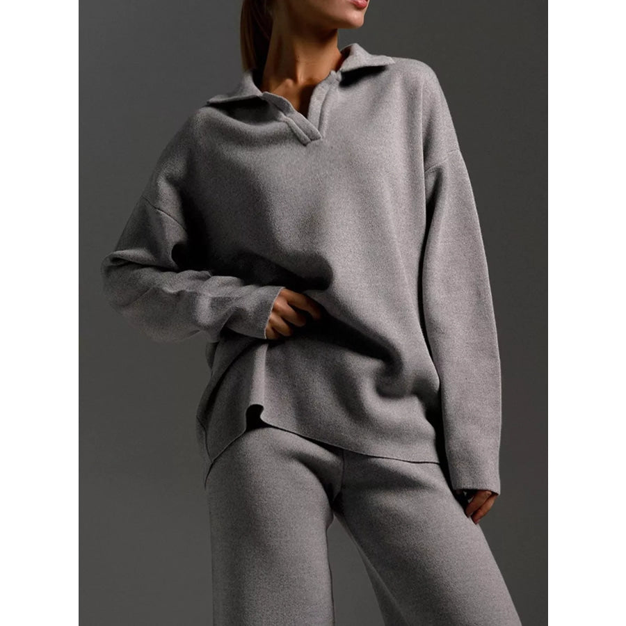 Polo Collar Top and Wide-Leg Pants Set Apparel Accessories