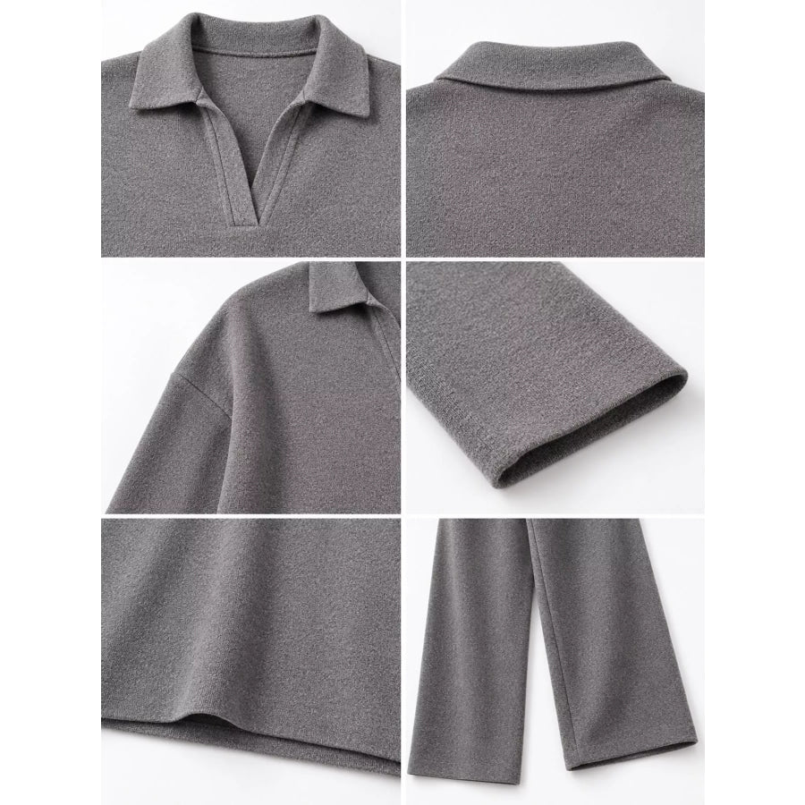 Polo Collar Top and Wide-Leg Pants Set Apparel Accessories