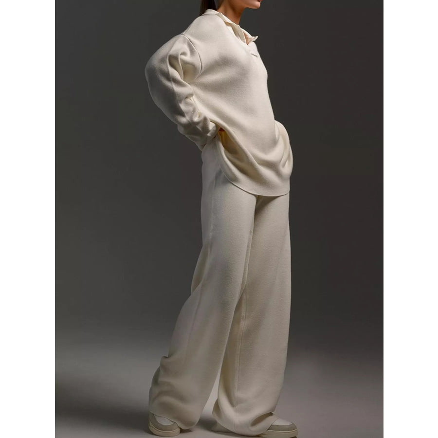 Polo Collar Top and Wide-Leg Pants Set Apparel Accessories