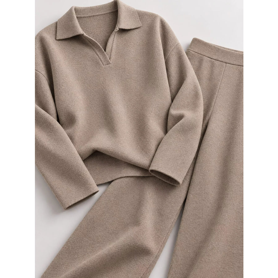 Polo Collar Top and Wide-Leg Pants Set Apparel Accessories