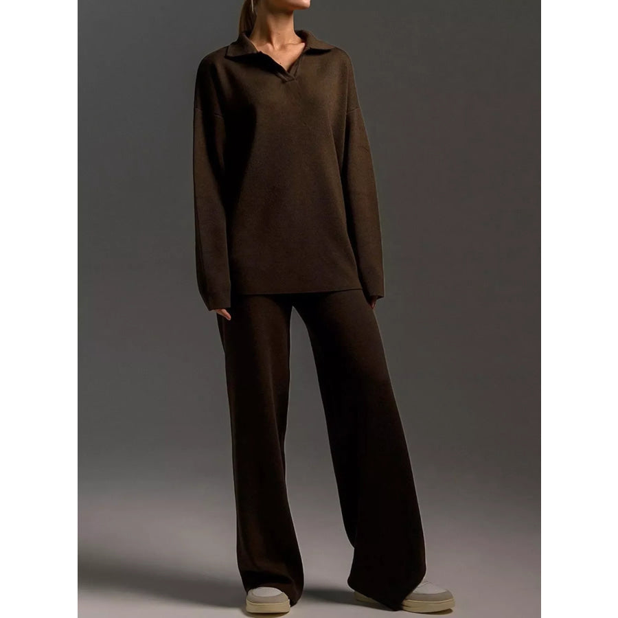 Polo Collar Top and Wide-Leg Pants Set Apparel Accessories