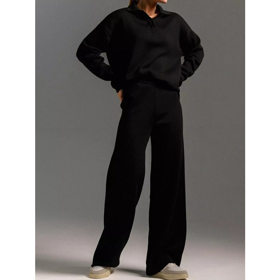 Polo Collar Top and Wide-Leg Pants Set Apparel Accessories